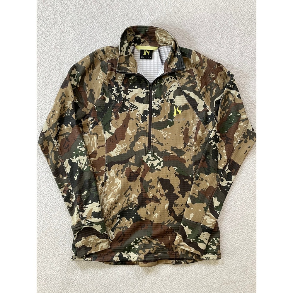Killik Men Small Quarter Zip Pullover Camo Hunting Shirt Brown Green Grid Fleece